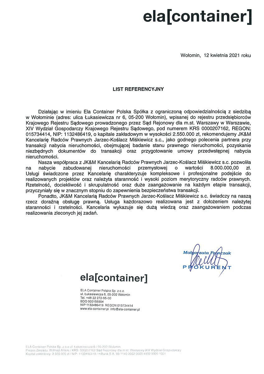 Ela Container Polska Referencje Ela Container Polska
