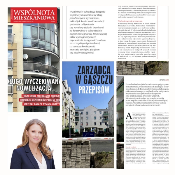 Publikacja artykułu „Zarządca w gąszczu przepisów” w miesięczniku Wspólnota Mieszkaniowa